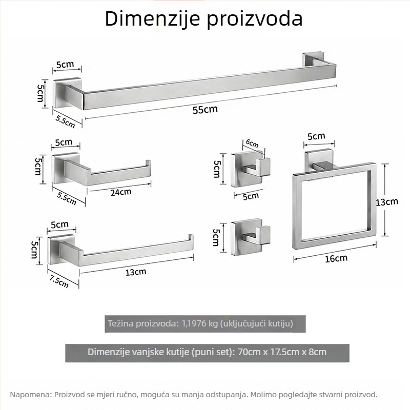 Kupaonski set od nehrđajućeg čelika, šest dijelova: držač ručnika, držač ručnika za kupanje, držač toaletnog papira, držač higijenskih uloška, držač za ručnike za lice