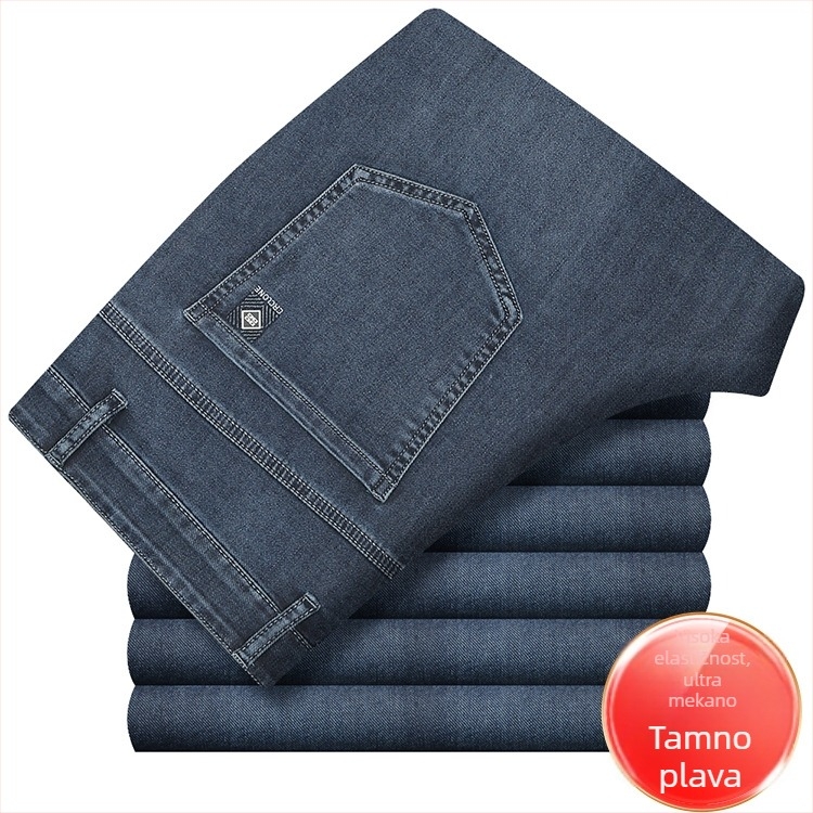 Muške ljetne traperice od tanke ice-silk tkanine, visoke elastičnosti, plus veličine, visok struk, ravni kroj, casual hlače