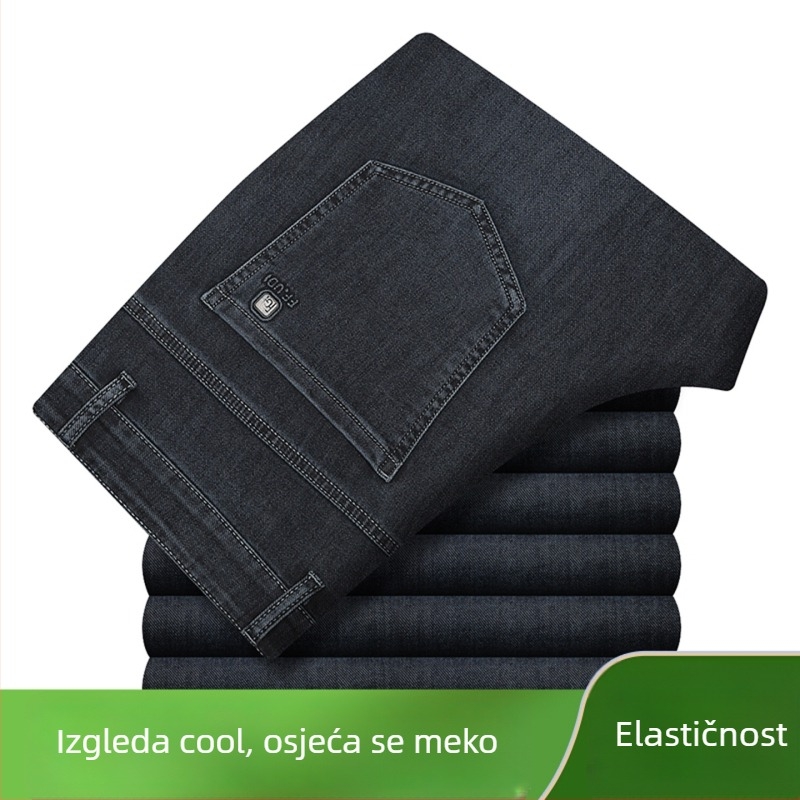Muške ljetne traperice od tanke ice-silk tkanine, visoke elastičnosti, plus veličine, visok struk, ravni kroj, casual hlače