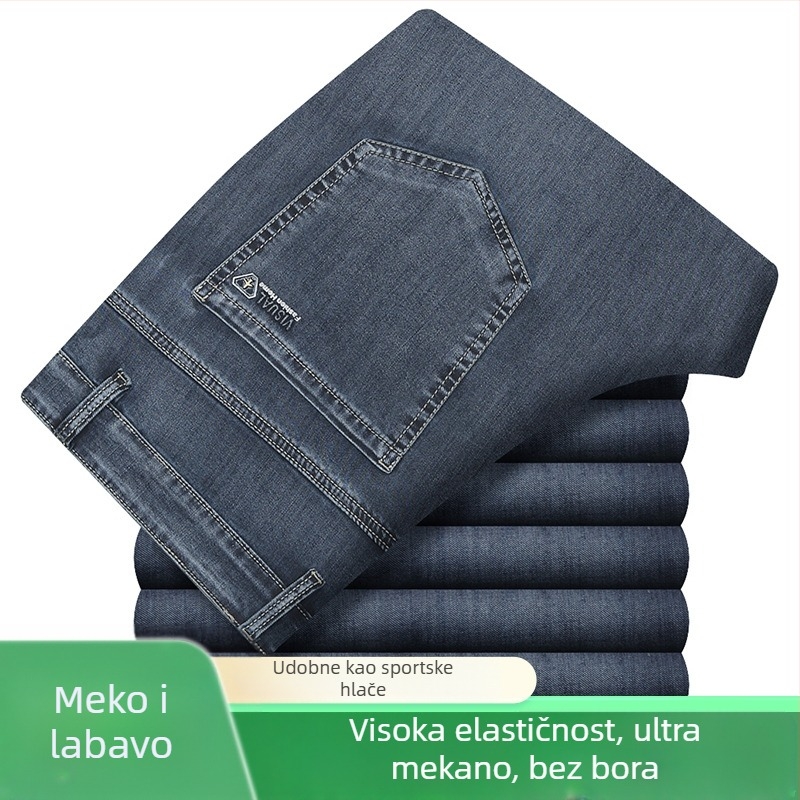 Muške ljetne traperice od tanke ice-silk tkanine, visoke elastičnosti, plus veličine, visok struk, ravni kroj, casual hlače