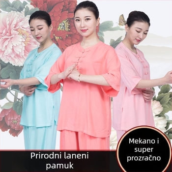 Žensko ljetno Taijiquan odijelo s kratkim rukavom za umirovljenike, odjeća za vježbanje od lana i pamuka