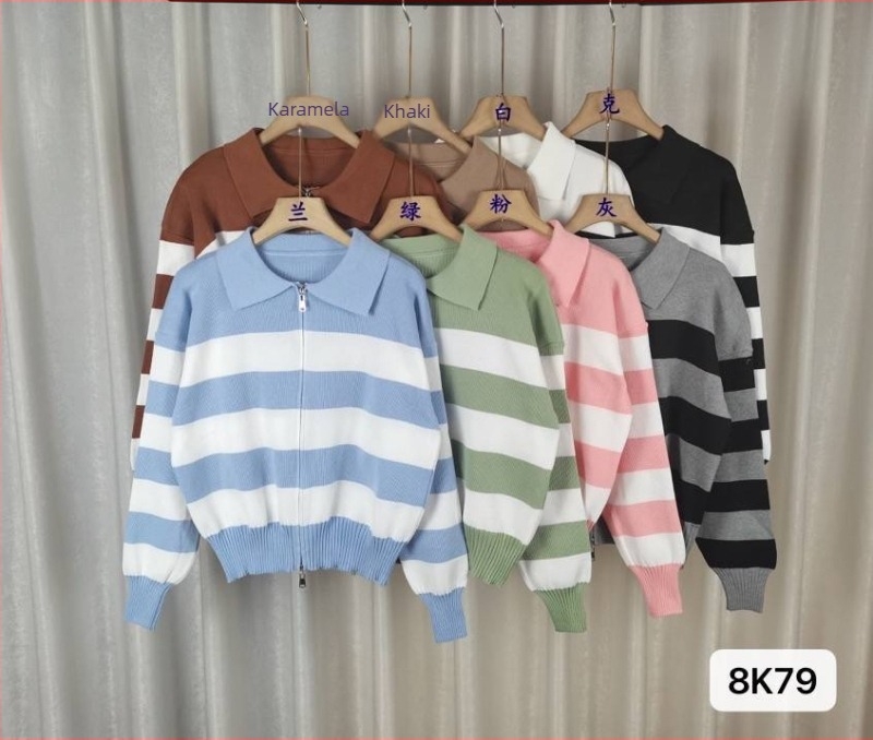 Ženski prugasti pleteni kardigan za plus size, jesen-zima, elegantan izgled, s dvostrukim zatvaračem