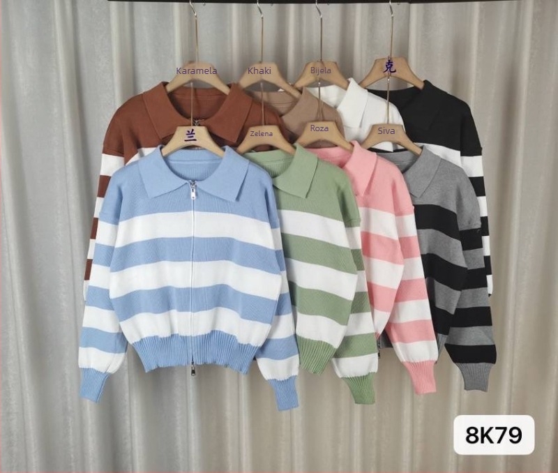 Ženski prugasti pleteni kardigan za plus size, jesen-zima, elegantan izgled, s dvostrukim zatvaračem