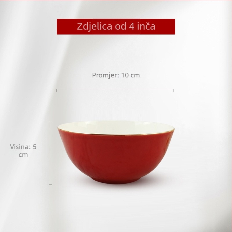 Porcelanski zdjel od kostnog porcelana s crvenom glazurom i zlatnim rubom, velika kapaciteta, keramičko posuđe za dom