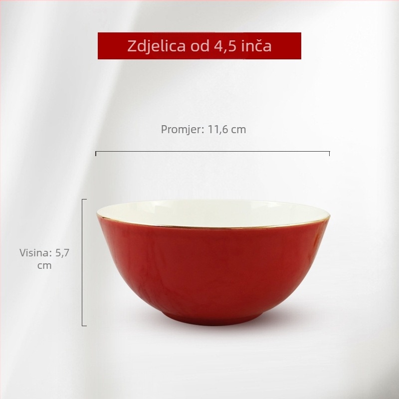 Porcelanski zdjel od kostnog porcelana s crvenom glazurom i zlatnim rubom, velika kapaciteta, keramičko posuđe za dom