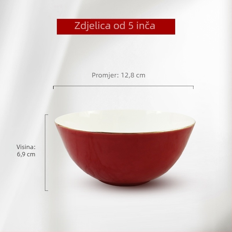 Porcelanski zdjel od kostnog porcelana s crvenom glazurom i zlatnim rubom, velika kapaciteta, keramičko posuđe za dom