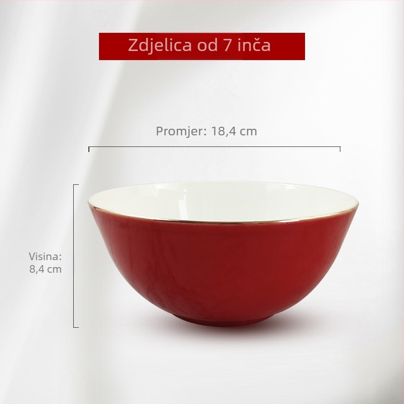 Porcelanski zdjel od kostnog porcelana s crvenom glazurom i zlatnim rubom, velika kapaciteta, keramičko posuđe za dom