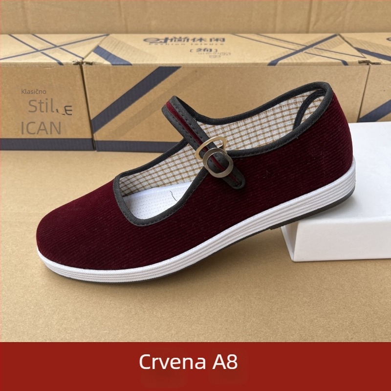 Ženske cipele od corduroya – platno, proljeće-jesen, niski gornji dio, okrugli vrh, višeslojna potplat, kopča, svakodnevna/radna obuća