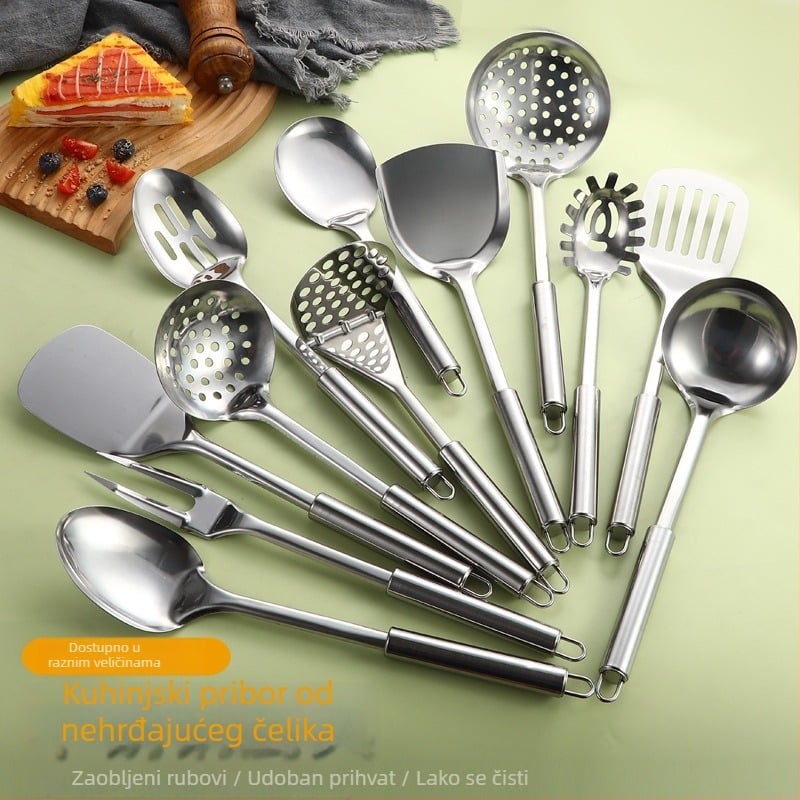 12-dijelni set kuhinjskih alata od nehrđajućeg čelika s okruglim cijevnim drškama: spatula, žlica s rupama, cjedilo, žlica za prženje, žlica za rižu, žlica za juhu, mesna vilica