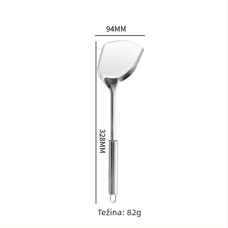 12-dijelni set kuhinjskih alata od nehrđajućeg čelika s okruglim cijevnim drškama: spatula, žlica s rupama, cjedilo, žlica za prženje, žlica za rižu, žlica za juhu, mesna vilica
