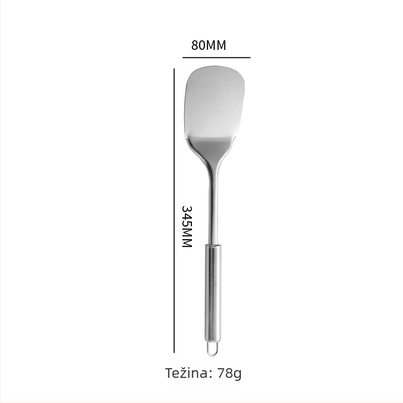 12-dijelni set kuhinjskih alata od nehrđajućeg čelika s okruglim cijevnim drškama: spatula, žlica s rupama, cjedilo, žlica za prženje, žlica za rižu, žlica za juhu, mesna vilica