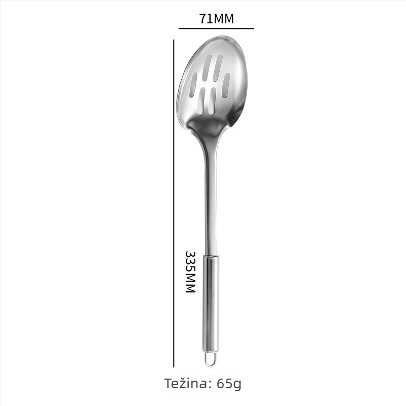12-dijelni set kuhinjskih alata od nehrđajućeg čelika s okruglim cijevnim drškama: spatula, žlica s rupama, cjedilo, žlica za prženje, žlica za rižu, žlica za juhu, mesna vilica