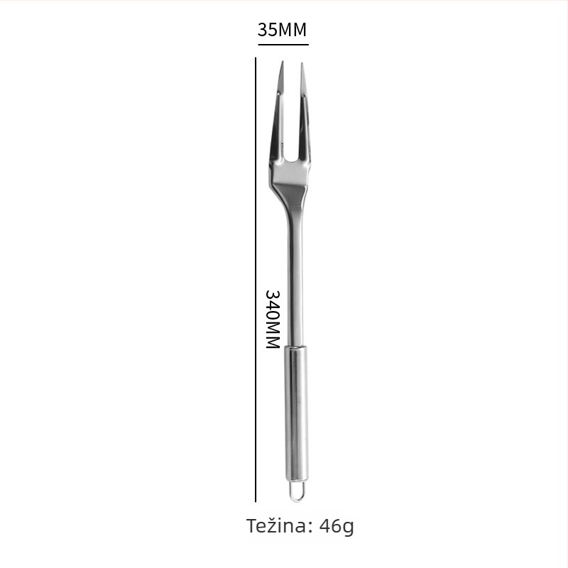 12-dijelni set kuhinjskih alata od nehrđajućeg čelika s okruglim cijevnim drškama: spatula, žlica s rupama, cjedilo, žlica za prženje, žlica za rižu, žlica za juhu, mesna vilica