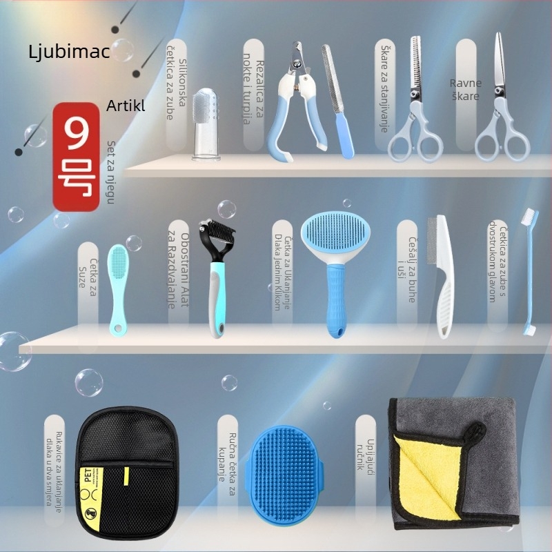 Set za njegu kućnih ljubimaca: češalj za otklanjanje čvorova, četka za uklanjanje dlaka, škarice za šišanje dlake, kliješta za nokte, set njege za mačke i pse