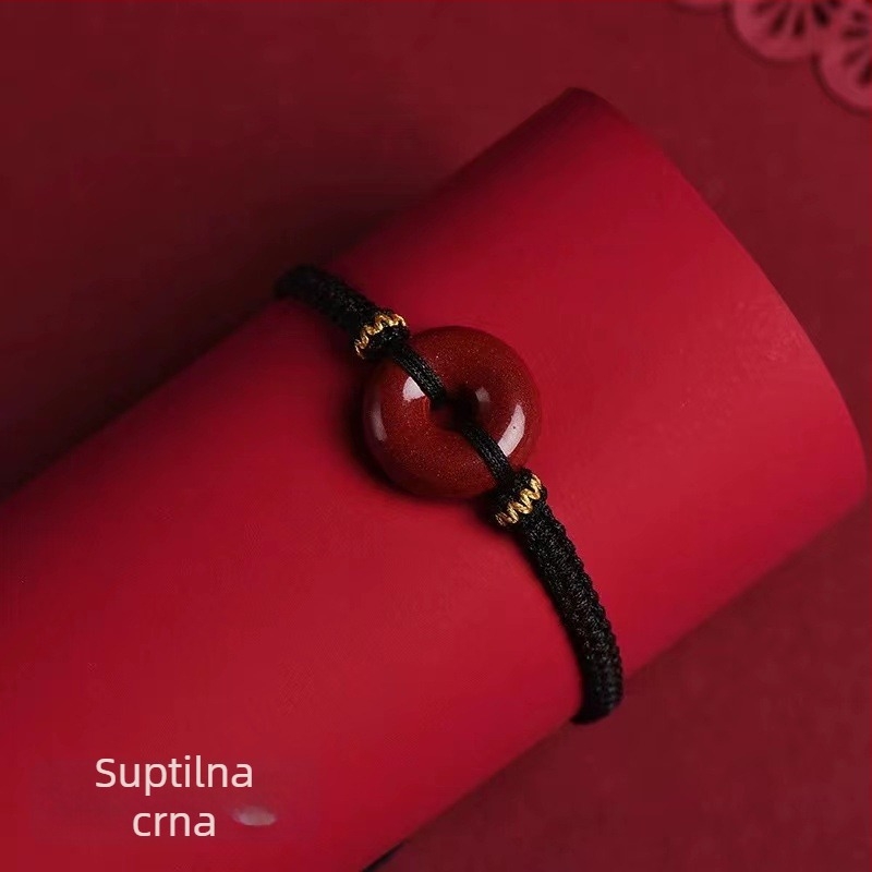 Unisex narukvica crvene boje s sigurnosnim kopčom, detalji od cinnabara i ljubičasto-zlatnog pijeska, privjesak zodijačkog znaka, amulet godišta rođenja