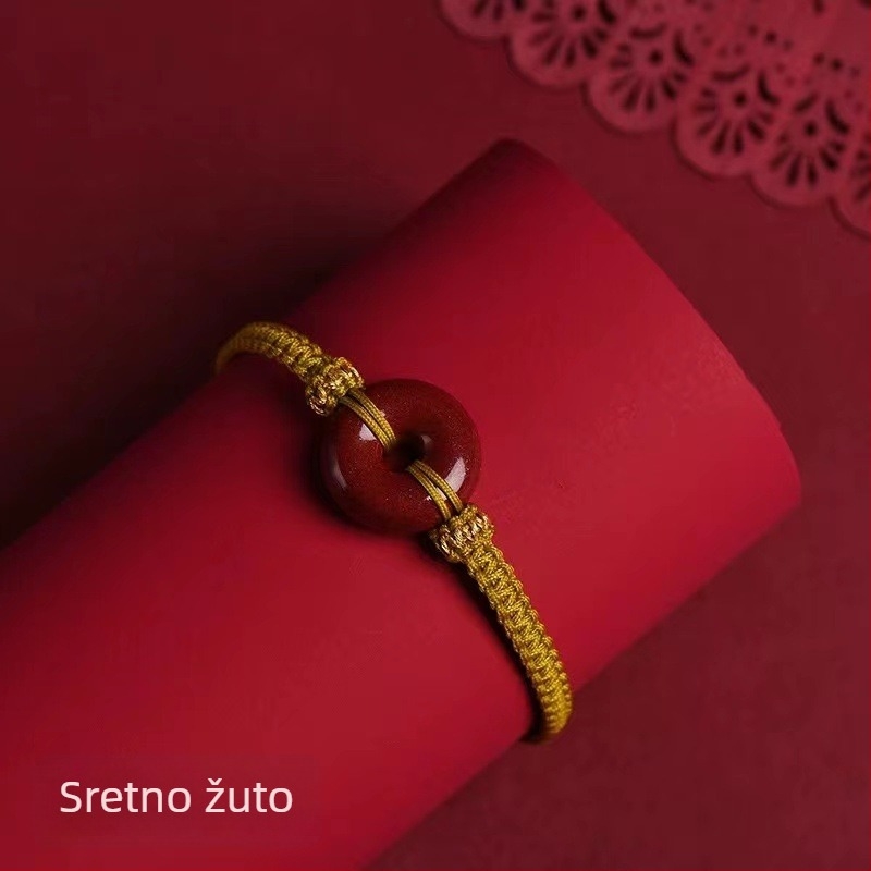 Unisex narukvica crvene boje s sigurnosnim kopčom, detalji od cinnabara i ljubičasto-zlatnog pijeska, privjesak zodijačkog znaka, amulet godišta rođenja