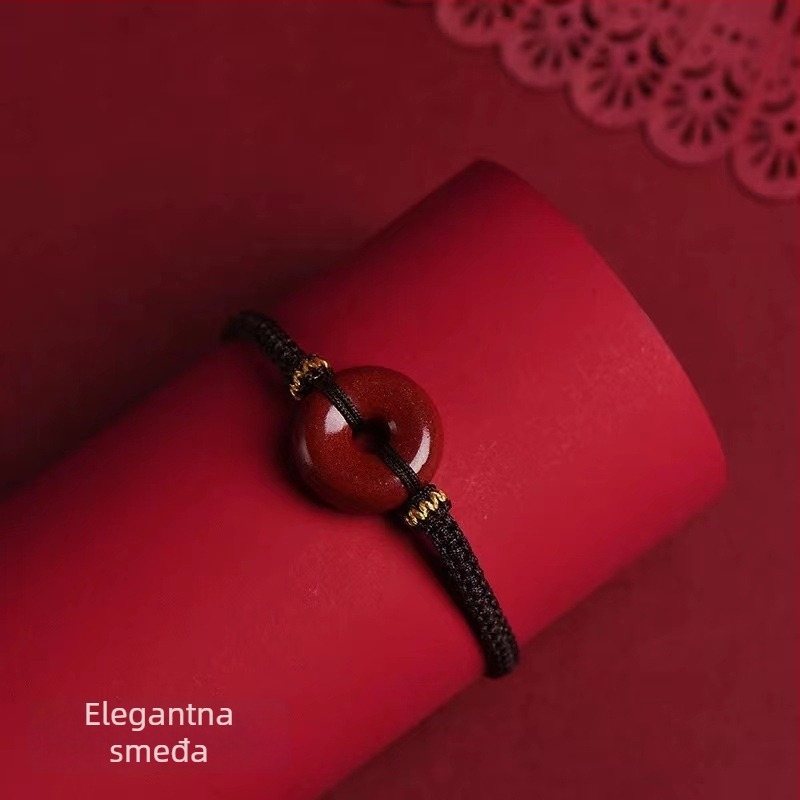 Unisex narukvica crvene boje s sigurnosnim kopčom, detalji od cinnabara i ljubičasto-zlatnog pijeska, privjesak zodijačkog znaka, amulet godišta rođenja