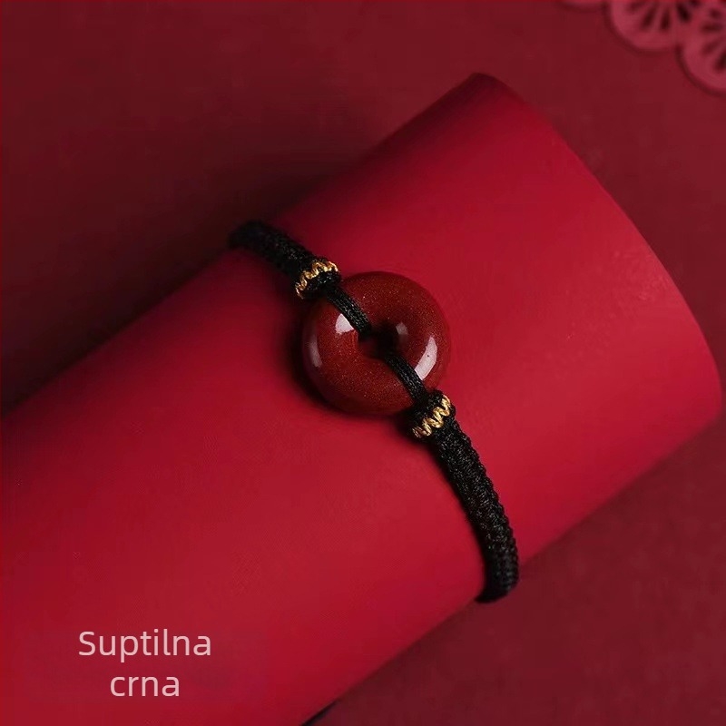 Unisex narukvica crvene boje s sigurnosnim kopčom, detalji od cinnabara i ljubičasto-zlatnog pijeska, privjesak zodijačkog znaka, amulet godišta rođenja
