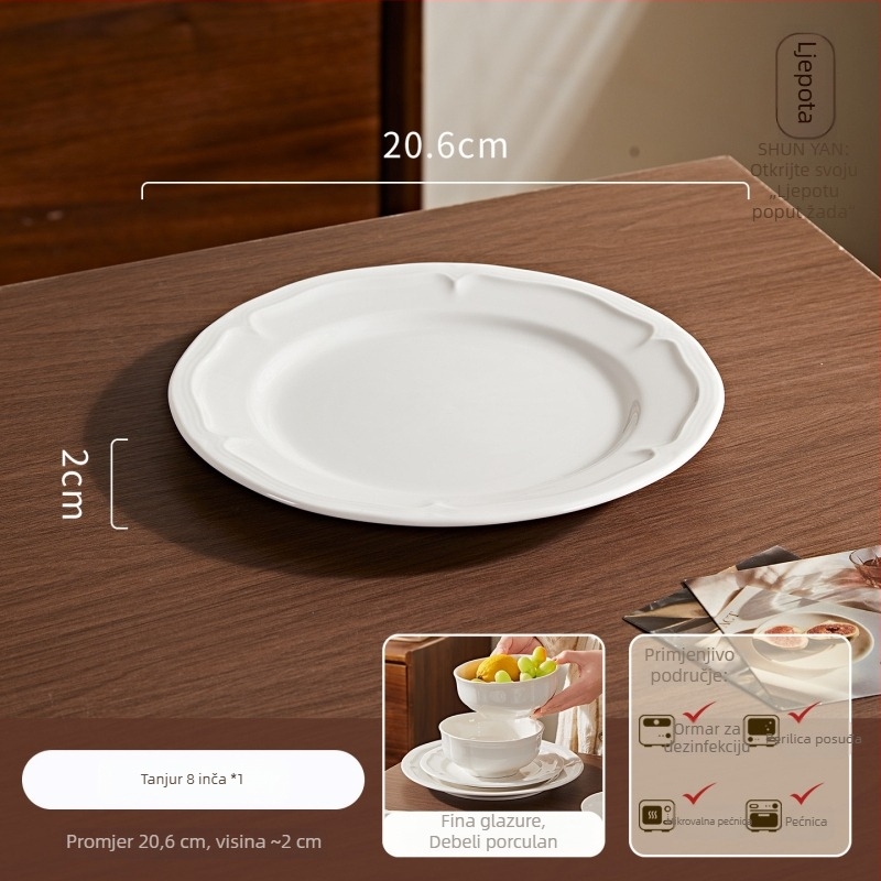 Porcelanski set posuđa: tanjuri, zdjele i desertni tanjuri, jednobojni, nordijski kružni dizajn, mikrovalna sigurnost, promjeri 10–11 cm, 11–12 cm, 14–15 cm