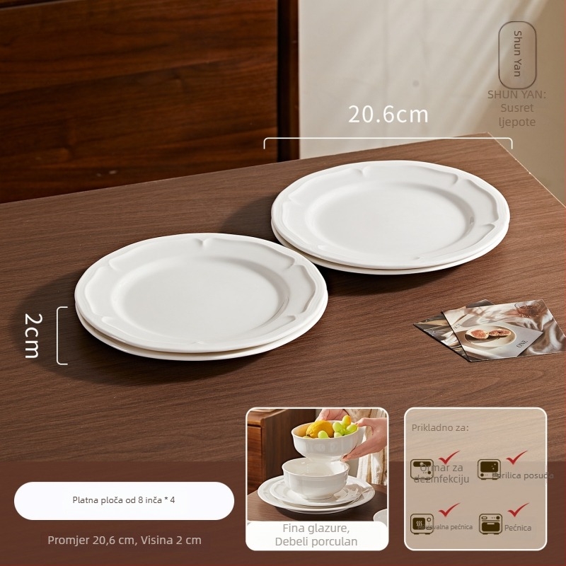 Porcelanski set posuđa: tanjuri, zdjele i desertni tanjuri, jednobojni, nordijski kružni dizajn, mikrovalna sigurnost, promjeri 10–11 cm, 11–12 cm, 14–15 cm