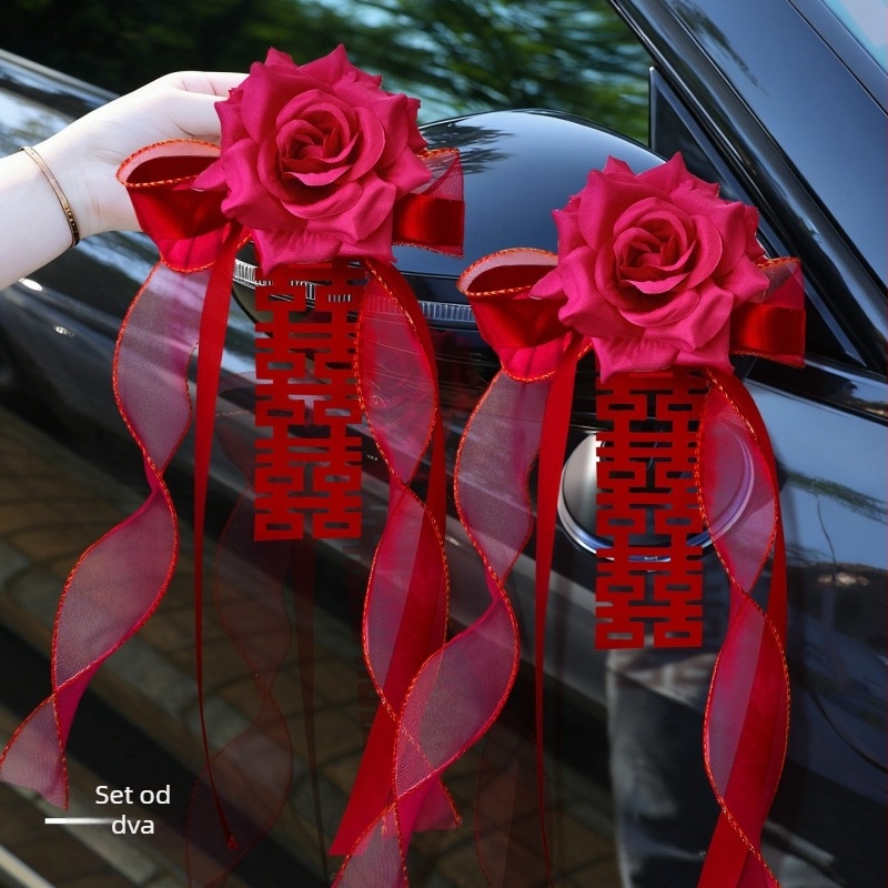 Set ukrasa za svatbeni automobil s umjetnim cvijećem, vijenac za retrovizor, vrpcom i simbolom dvostrukog sretnog blagostanja