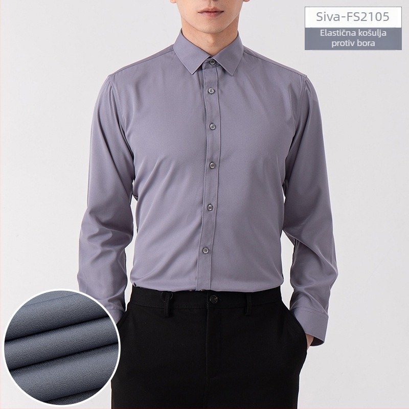 Muška jednobojna košulja s dugim rukavima, poslovni stil, bez glađenja, slim fit, za sve sezone