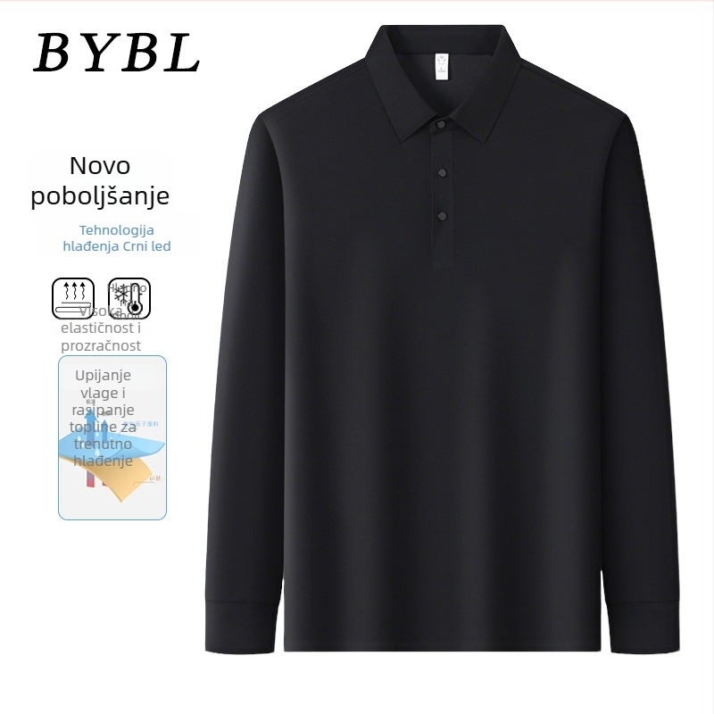 Muška polo majica s dugim rukavima od ice silk, bezšivna, jednobojna, lagana, bez glačanja, poslovno-opušten stil za proljeće i jesen