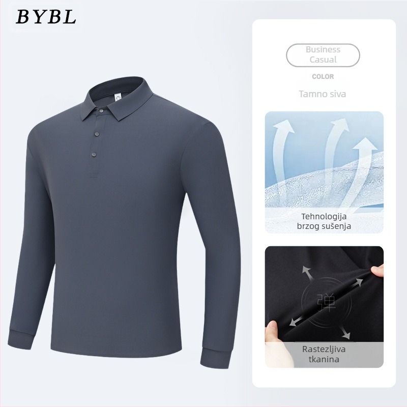 Muška polo majica s dugim rukavima od ice silk, bezšivna, jednobojna, lagana, bez glačanja, poslovno-opušten stil za proljeće i jesen