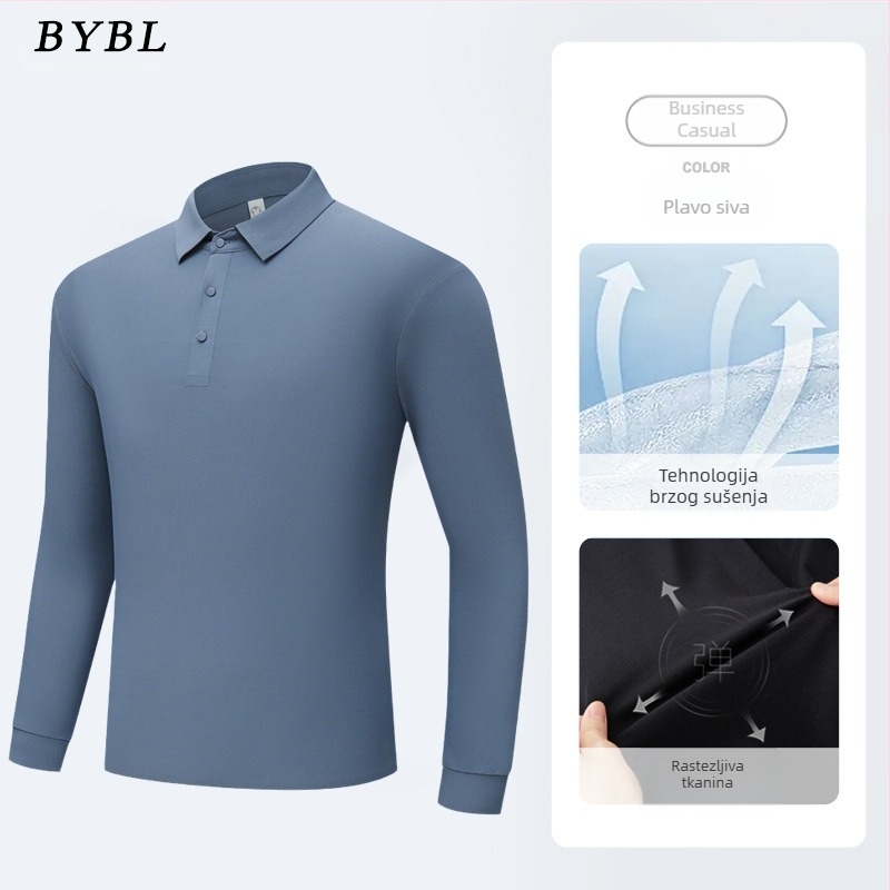 Muška polo majica s dugim rukavima od ice silk, bezšivna, jednobojna, lagana, bez glačanja, poslovno-opušten stil za proljeće i jesen