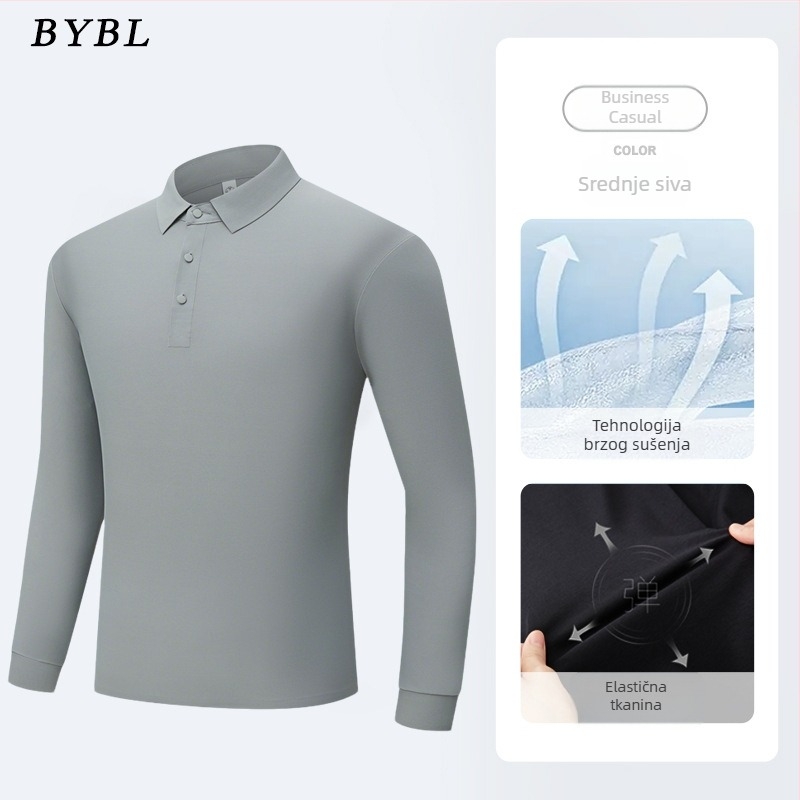 Muška polo majica s dugim rukavima od ice silk, bezšivna, jednobojna, lagana, bez glačanja, poslovno-opušten stil za proljeće i jesen