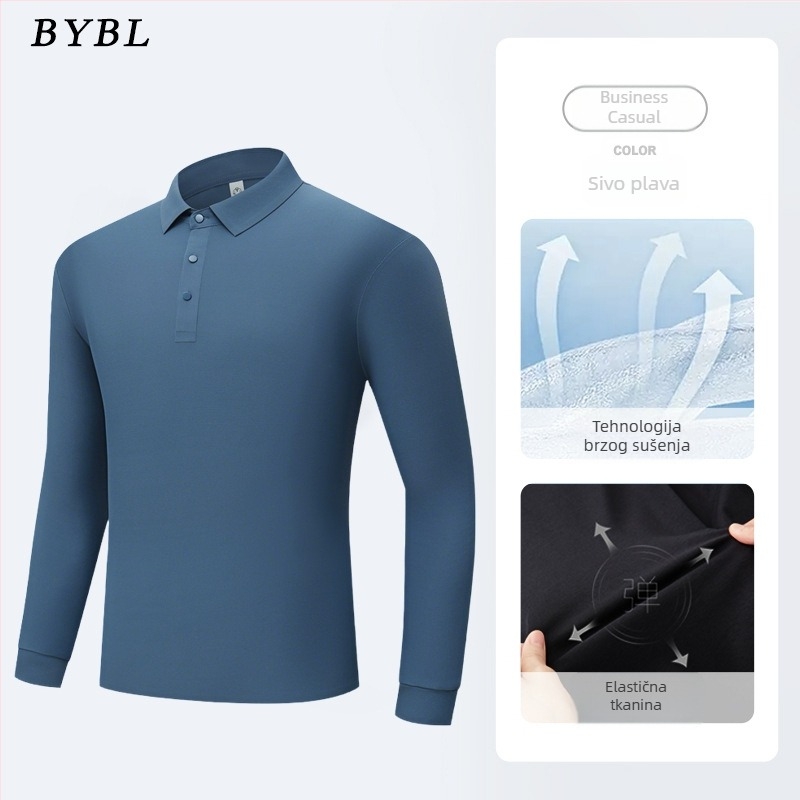 Muška polo majica s dugim rukavima od ice silk, bezšivna, jednobojna, lagana, bez glačanja, poslovno-opušten stil za proljeće i jesen