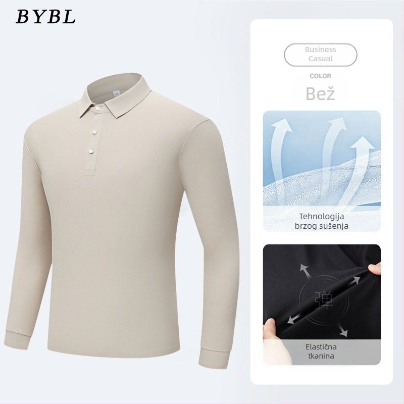 Muška polo majica s dugim rukavima od ice silk, bezšivna, jednobojna, lagana, bez glačanja, poslovno-opušten stil za proljeće i jesen