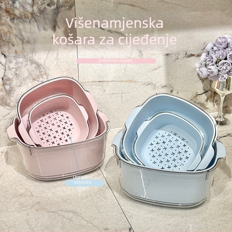 Dvostruka odvodna košara za kuhinju, za pranje povrća i ispiranje riže; kućni posuda za čišćenje voća i povrća s otvorima za vodu i velikim kapacitetom pohrane.