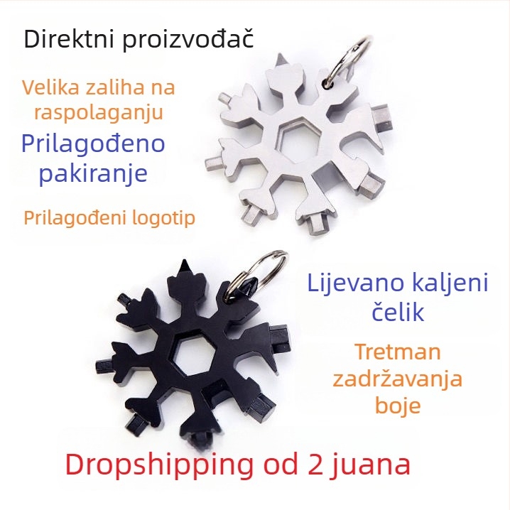 Karta alata u obliku snježne pahulje s mini odvijačem, šesterokutnim i osmerokutnim ključevima – kućna upotreba
