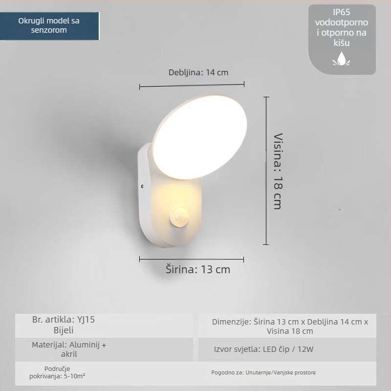 LED vanjska zidna svjetiljka sa senzorom, vodootporna rasvjeta za vrt, terasu, balkon i ulaz