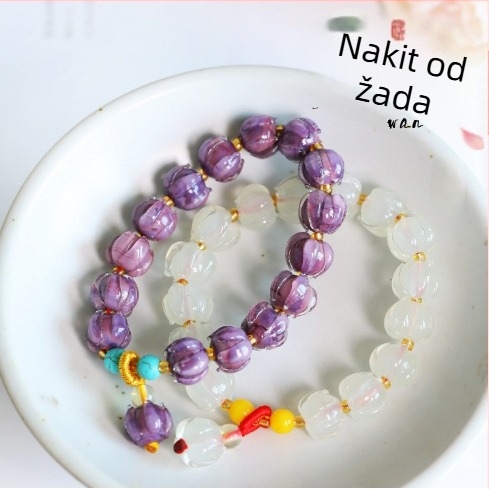 Ženski narukvica s lotosom, staklene perle ljubičaste boje planinskog sumraka, motiv ples lavova, visoka prozirnost stakla, ručna izrada, originalni DIY dizajn, nakit s turkiznim naglascima