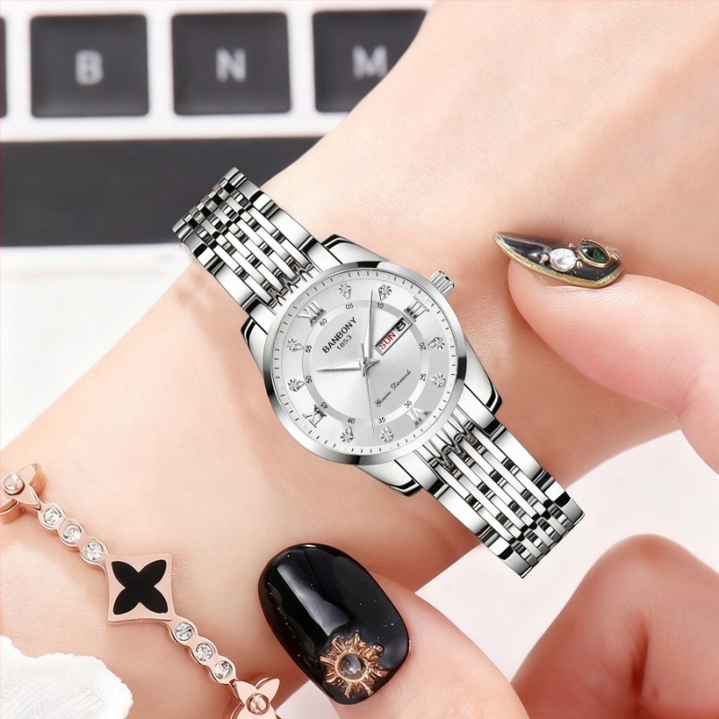 Brand ženski sat, novi model, vodootporan i sjajan u mraku, dvostruki kalendar, narukvica od nehrđajućeg čelika, elegantan poslovni stil