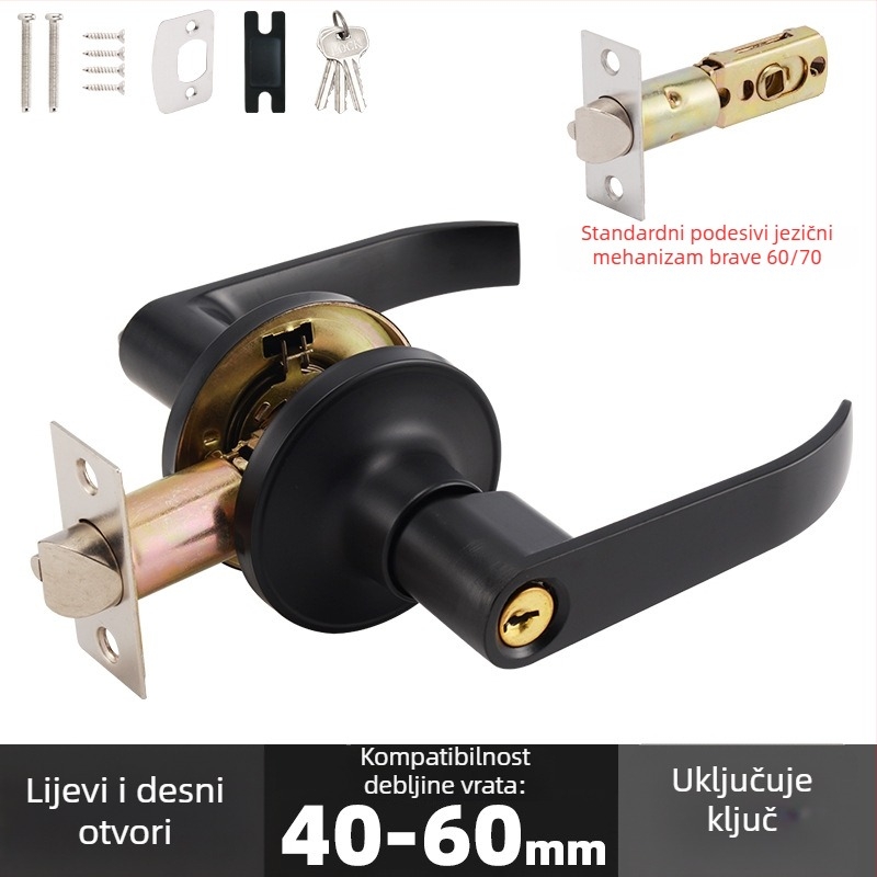Brava za vrata od aluminijskog legura s mat crnom ručkom – mehanička brava za unutarnja drvena vrata
