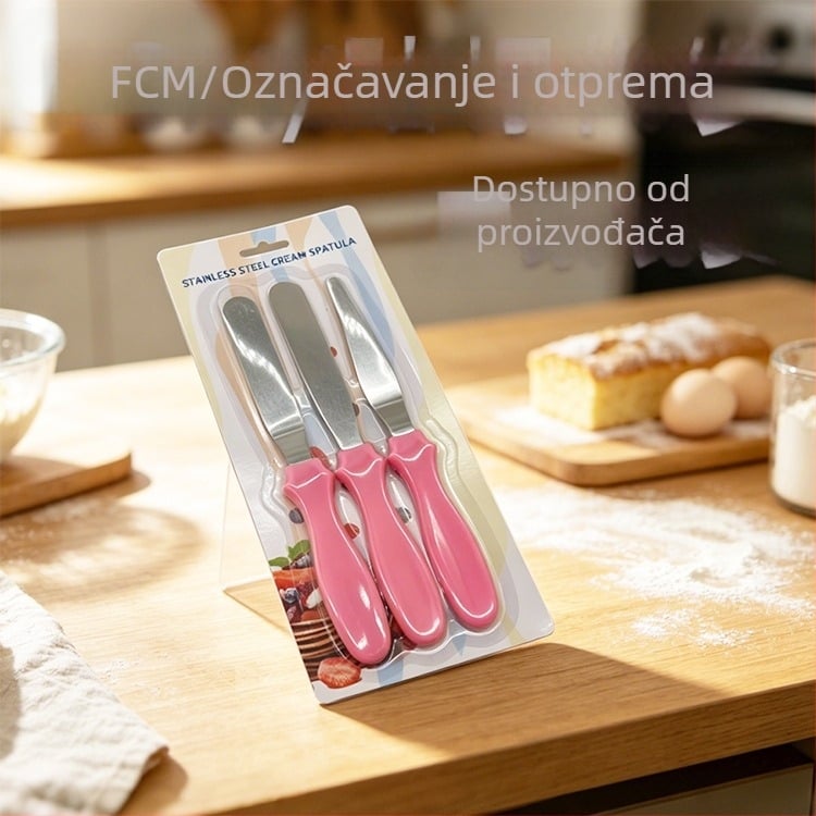 Set od tri komponente za ukrašavanje torti: šarena spatula za tortu, lopatica za pečenje i nož za demoulding, nehrđajući čelik