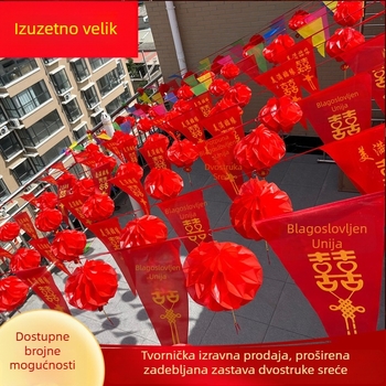 Vjenčane trokutaste zastavice s izrezanim slovima, vanjska dekoracija s malim lampionima