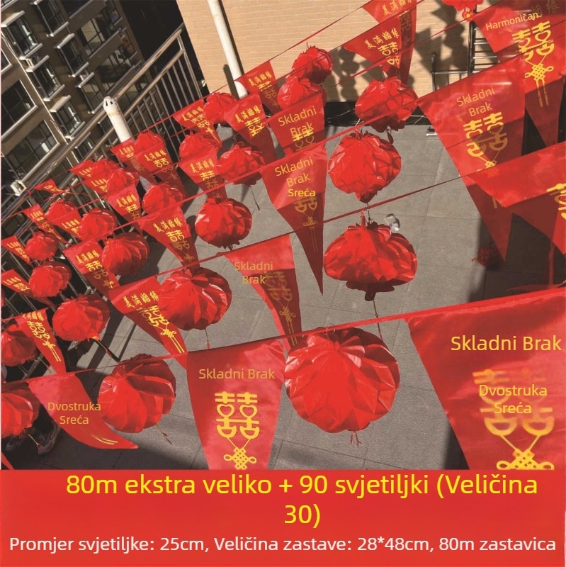 Vjenčane trokutaste zastavice s izrezanim slovima, vanjska dekoracija s malim lampionima