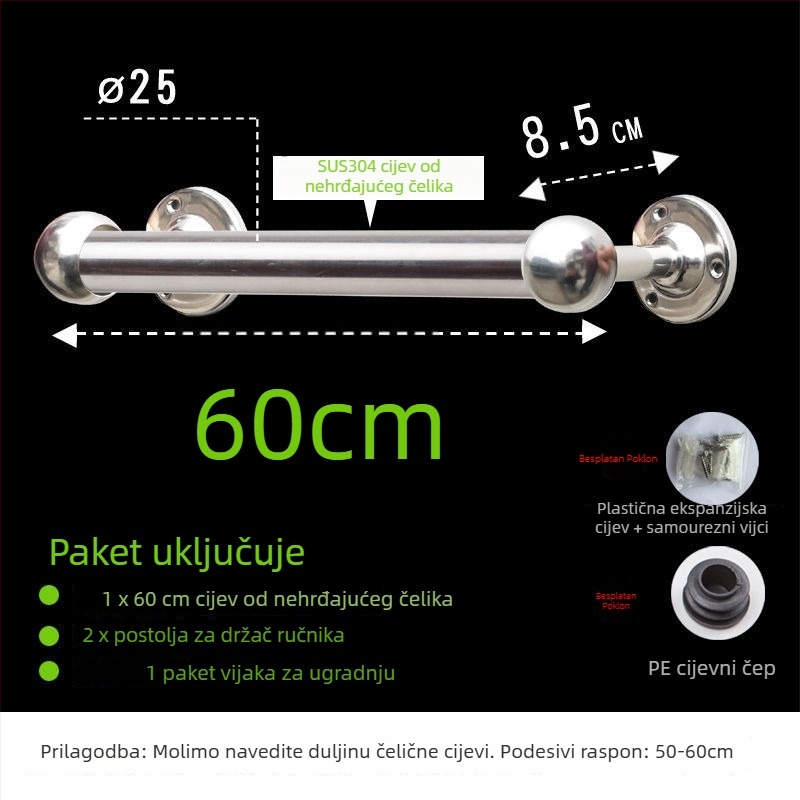 Držač za ručnike od nehrđajućeg čelika za kupaonicu, 304, zidni, jednoručni
