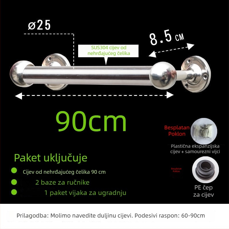 Držač za ručnike od nehrđajućeg čelika za kupaonicu, 304, zidni, jednoručni