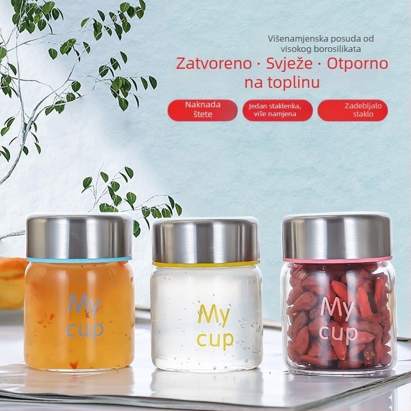 Mini zatvoreni stakleni borosilikatni spremnik, otporan na visoke temperature, za džem, med i ptičje gnijezdo, s logom