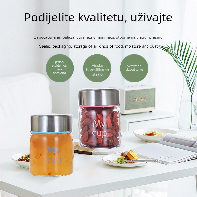 Mini zatvoreni stakleni borosilikatni spremnik, otporan na visoke temperature, za džem, med i ptičje gnijezdo, s logom
