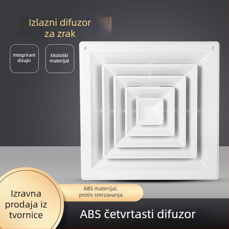 ABS kvadratni difuzor, plastični adapter kvadratno-okrug i regulirajući ventil za izlaz na stropnoj centralnoj klimatizaciji