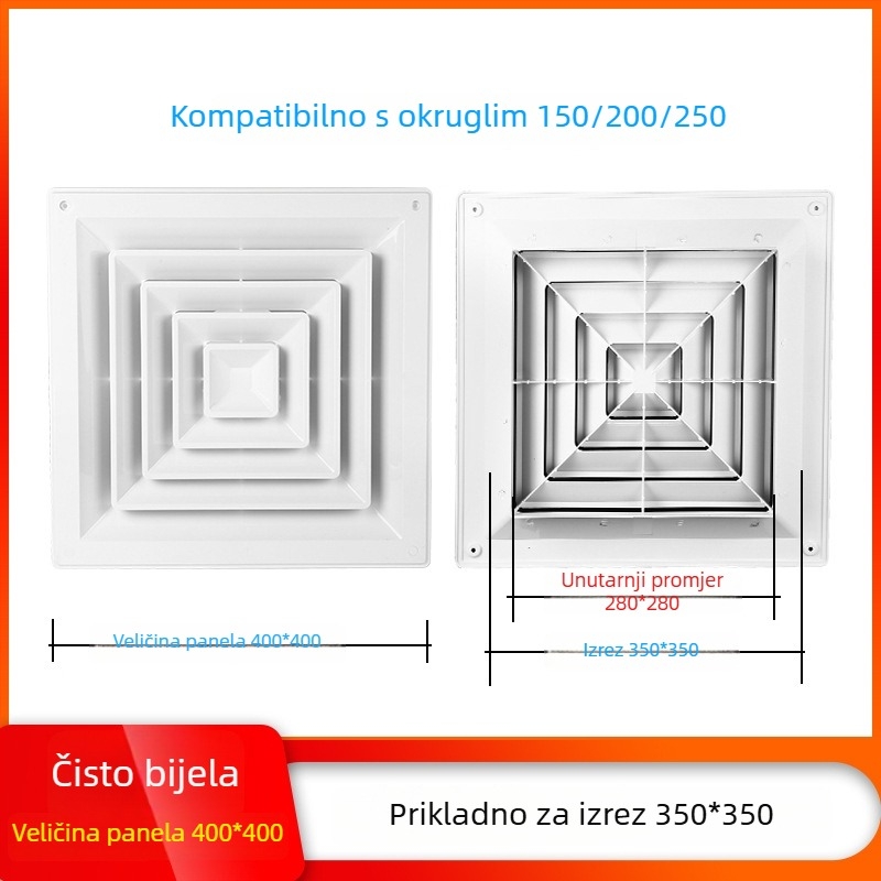 ABS kvadratni difuzor, plastični adapter kvadratno-okrug i regulirajući ventil za izlaz na stropnoj centralnoj klimatizaciji