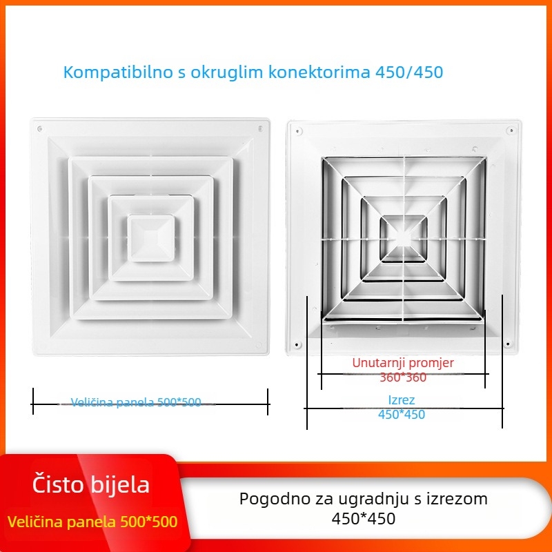 ABS kvadratni difuzor, plastični adapter kvadratno-okrug i regulirajući ventil za izlaz na stropnoj centralnoj klimatizaciji
