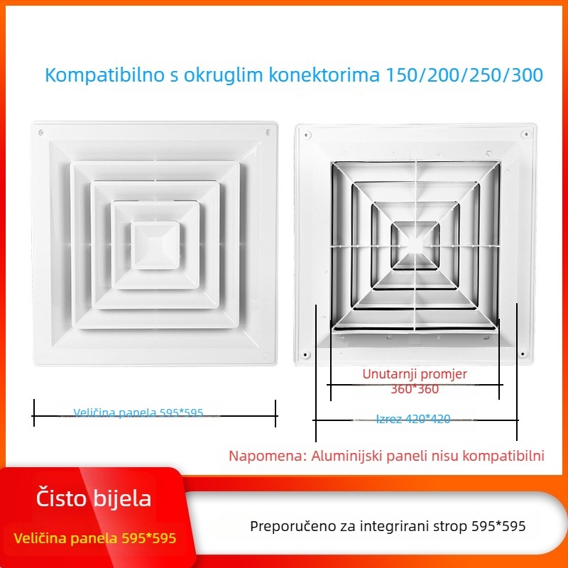 ABS kvadratni difuzor, plastični adapter kvadratno-okrug i regulirajući ventil za izlaz na stropnoj centralnoj klimatizaciji