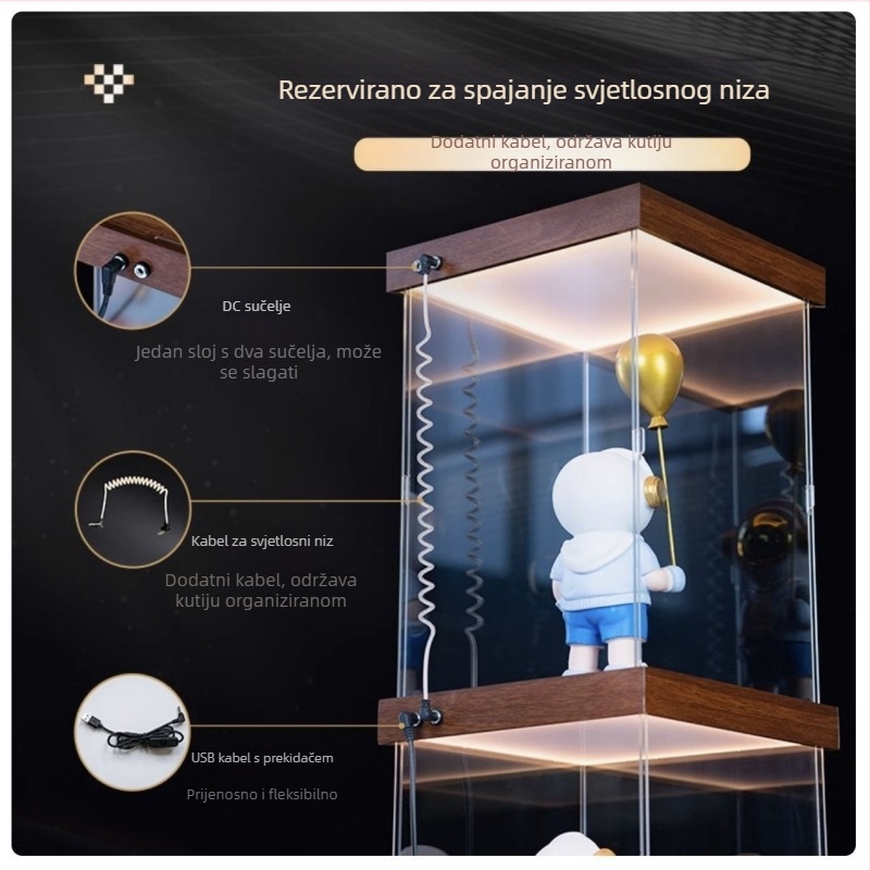 Prozirna akrilna kutija za izlaganje ručnog buketa i 3D metalna kutija svjetlosnog igračkog prostora s prašinu zaštitnim poklopcem